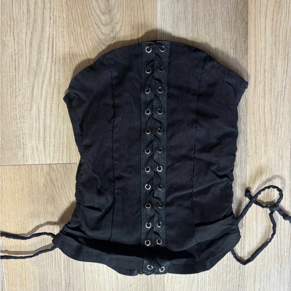 OBOE Black Lace Up Corset Top Zip Front Adjustable Sides Size S